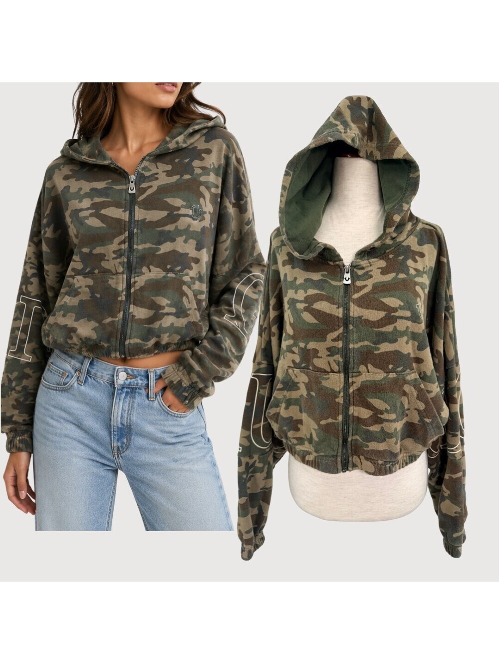 True Religion Camo Dolman Zip Hoodie Y2K Green M